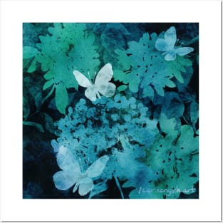 Butterflies and Hydrangeas Negative Painting Green Posters and Art